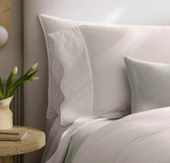 Percale Embellished Pillowcase Set - White/White Curved Edge