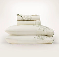 Signature Embellished Sheet Set - Cream/Olivine Etched Peony Piped Edge