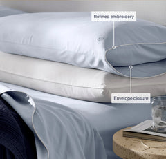 Percale Embellished Pillowcase Set - White/Coastal Navy Piped Edge