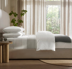 Percale Embellished Pillowcase Set - White/Pewter Piped Edge