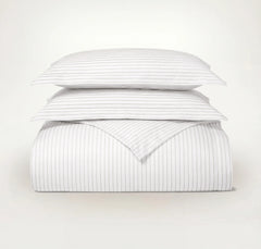 Percale Hemmed Duvet Set - White/Pewter Simple Stripe