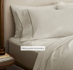 Percale Embellished Pillowcase Set - White/Oak Embroidered