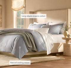 Percale Embellished Duvet Set - White/Coastal Navy Piped Edge