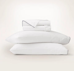Signature Embellished Sheet Set - White/Coastal Navy Piped Edge