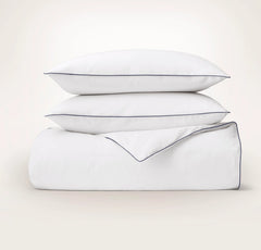 Percale Embellished Duvet Set - White/Coastal Navy Piped Edge