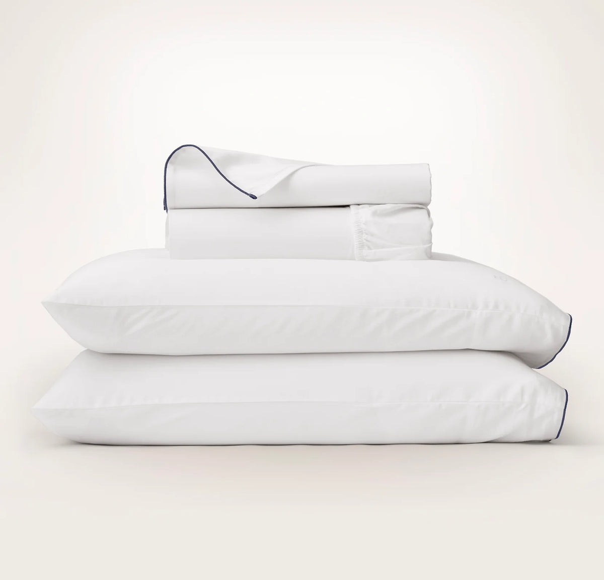 Percale Embellished Sheet Set - White/Coastal Navy Piped Edge