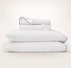 Percale Embellished Sheet Set - White/Coastal Navy Piped Edge