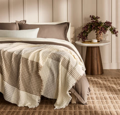 Heirloom Waffle Merino Bed Blanket - Cream/Pewter/Twig Plaid