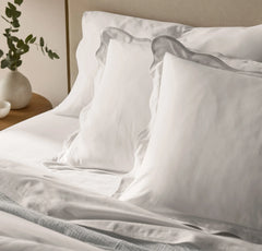 Percale Embellished Duvet Set - White/White Curved Edge
