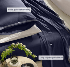 Percale Embellished Pillowcase Set - White/Shore/Sand Sail Stitch