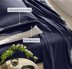 Signature Embellished Pillowcase Set - Coastal Navy/White Sail Stitch