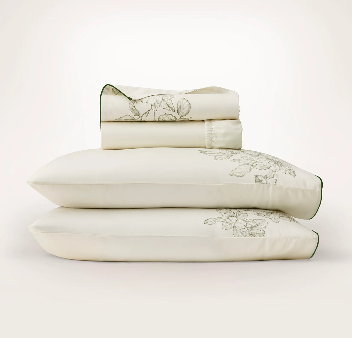 Signature Embellished Sheet Set - Cream/Olivine Etched Peony Piped Edge