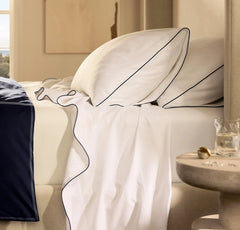 Signature Embellished Sheet Set - White/Coastal Navy Piped Edge