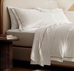 Percale Embellished Duvet Set - White/Oak Embroidered